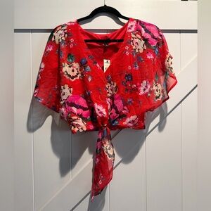 Express Red Floral Tie-Front Blouse